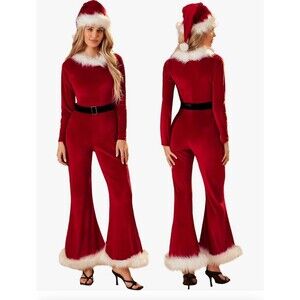 Womens Christmas Mrs Santa Claus velvet Jumpsuit with hat Cosplay Costume Party